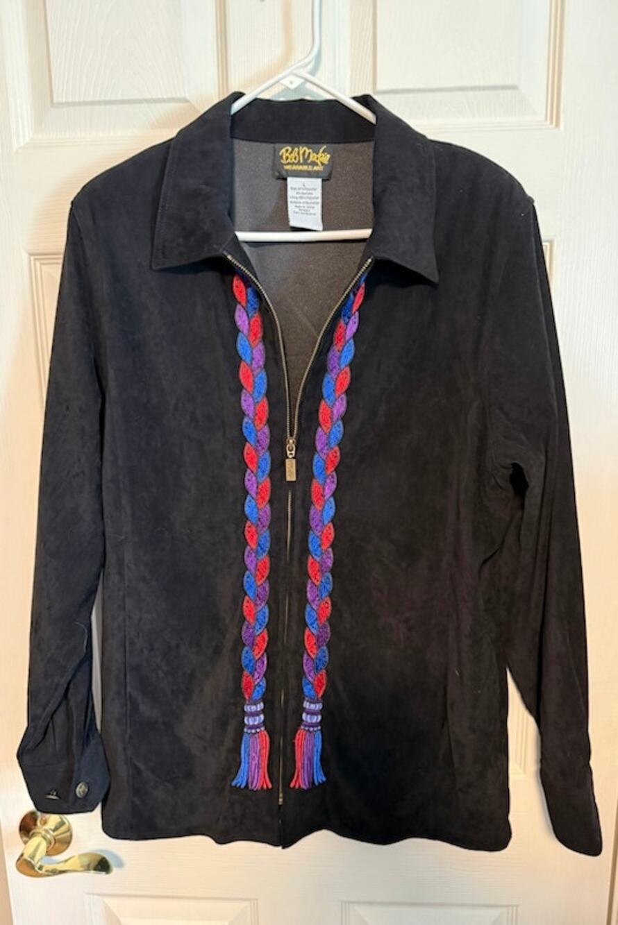 Bob Mackie Wearable Art Black zip up top /light jacket w/ rope style design